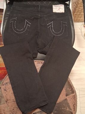 True Religion Black Becca Bootcut Jeans with Studded Horseshoe Back Pockets